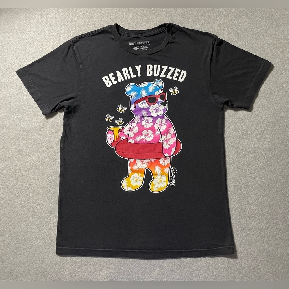 Riot Society Bearly Buzzed Floral Bear T-Shirt Men’s Medium Black Tee